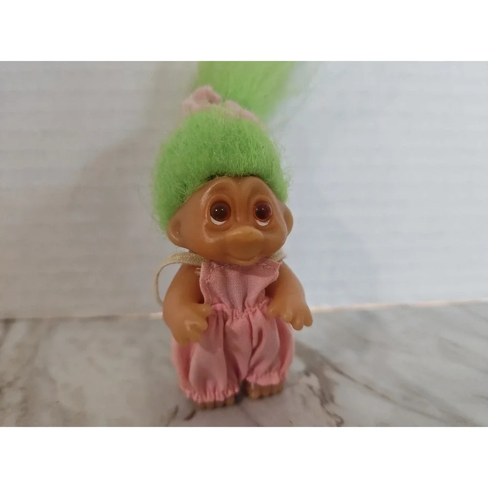 Norfin Dam Troll Doll Small Green Hair Overalls sad eyes 1985 collectables